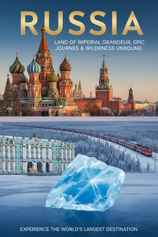 Russia guide cover: St Basil's Cathedral in Red Square and a Baikal ice block