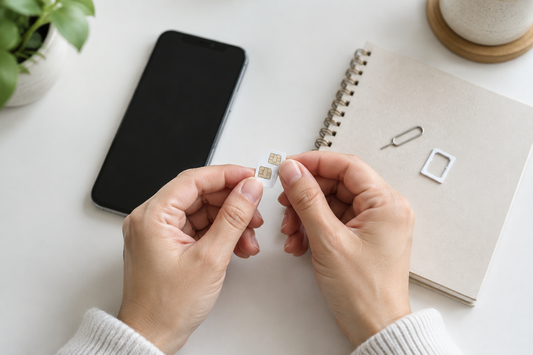 Cover image: hands holding a SIM card above a desk with a phone, a notebook and a SIM ejector tool.