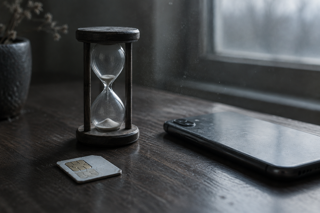 Cover image: an hourglass running out of sand on a dark wood table beside a phone and a SIM card.