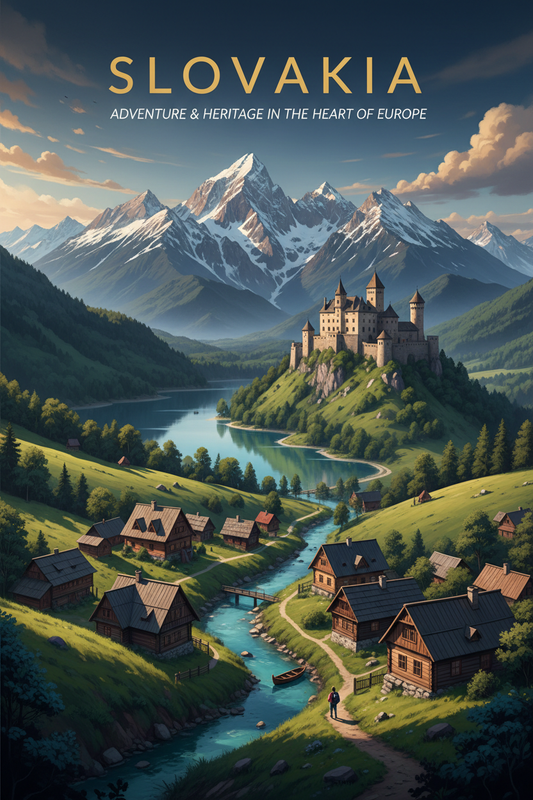 Slovakia guide cover: a castle above a river valley with hills and mountains behind