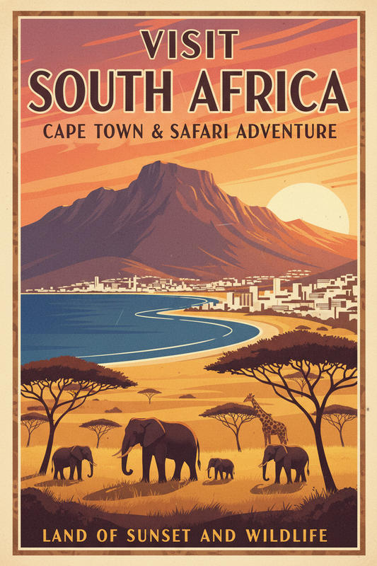 South Africa guide cover: Table Mountain above Cape Town with elephants and acacia