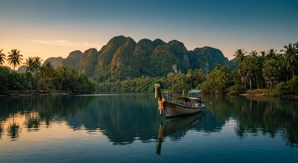 A longtail boat on a calm river at golden hour in Southeast Asia