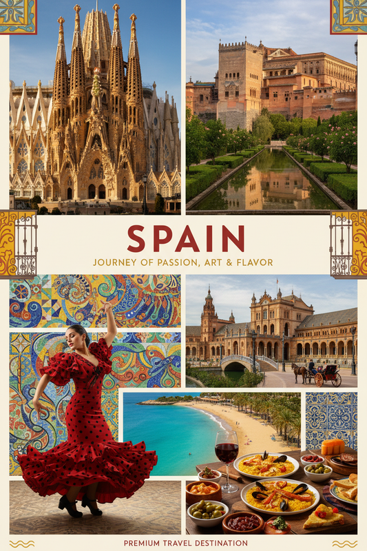 Spain guide cover: a flamenco dancer, a Moorish palace and Barcelona's architecture