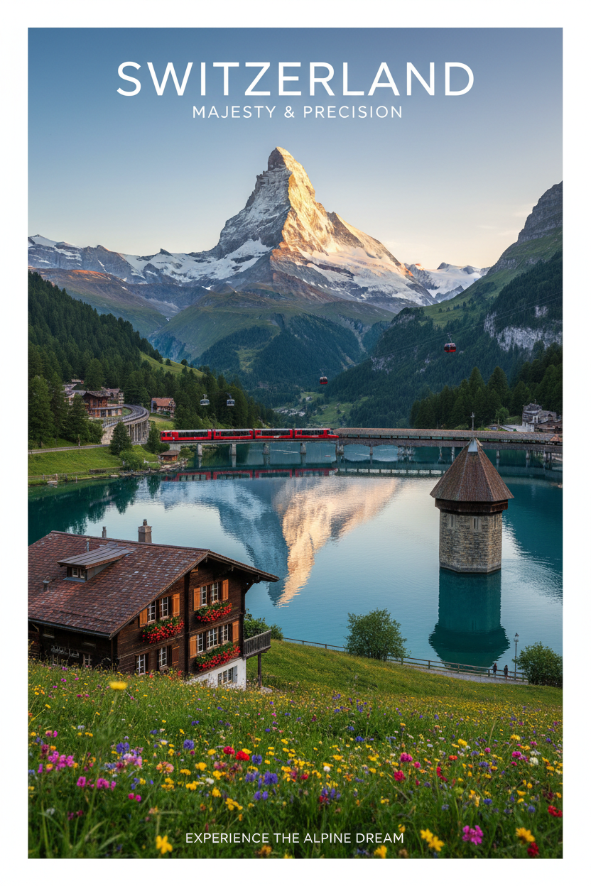 Switzerland guide cover: the Matterhorn above a lake with a chalet