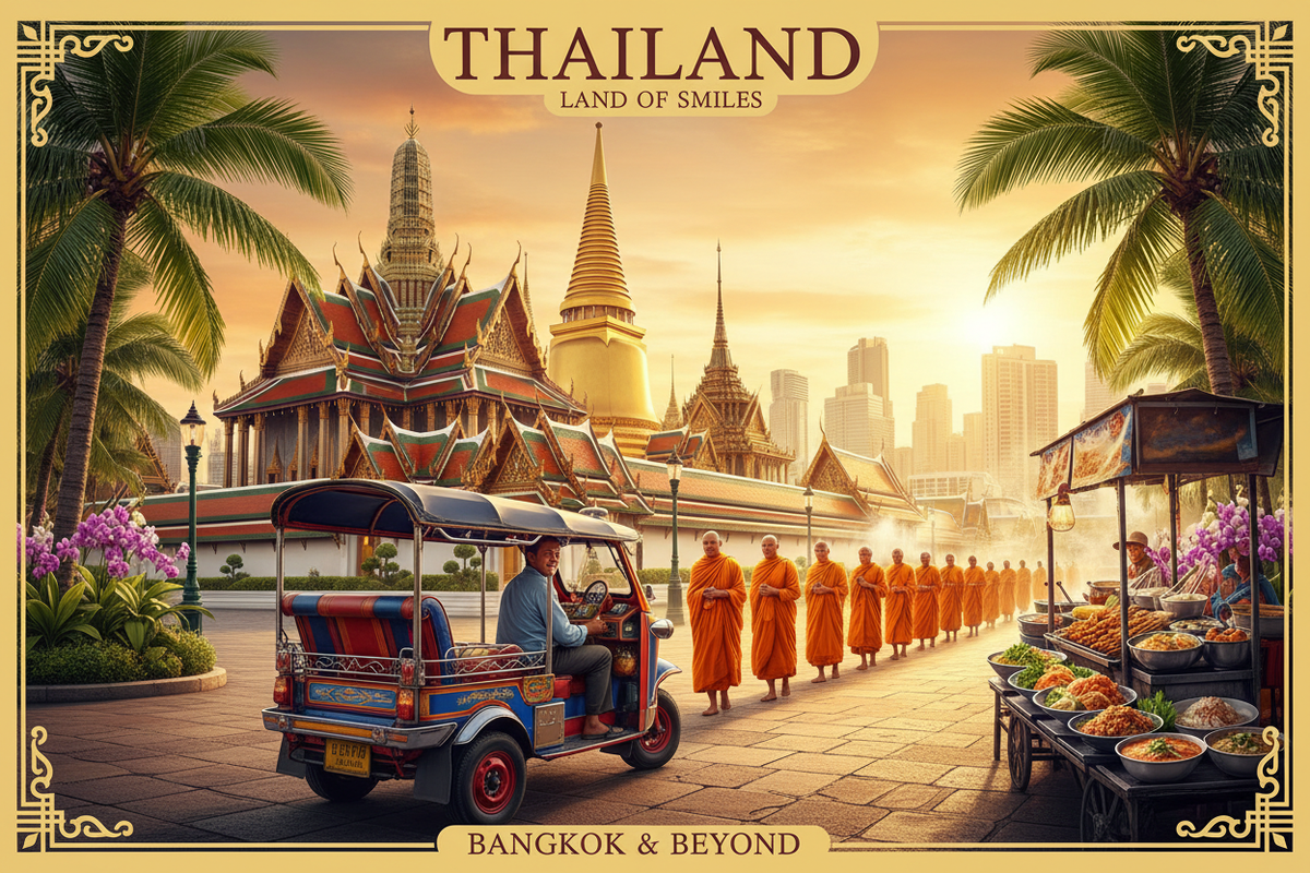 Thailand guide cover: a Bangkok temple, a tuk-tuk, monks and a street market