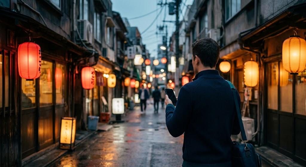 A narrow Tokyo backstreet at dusk with warm shop lights