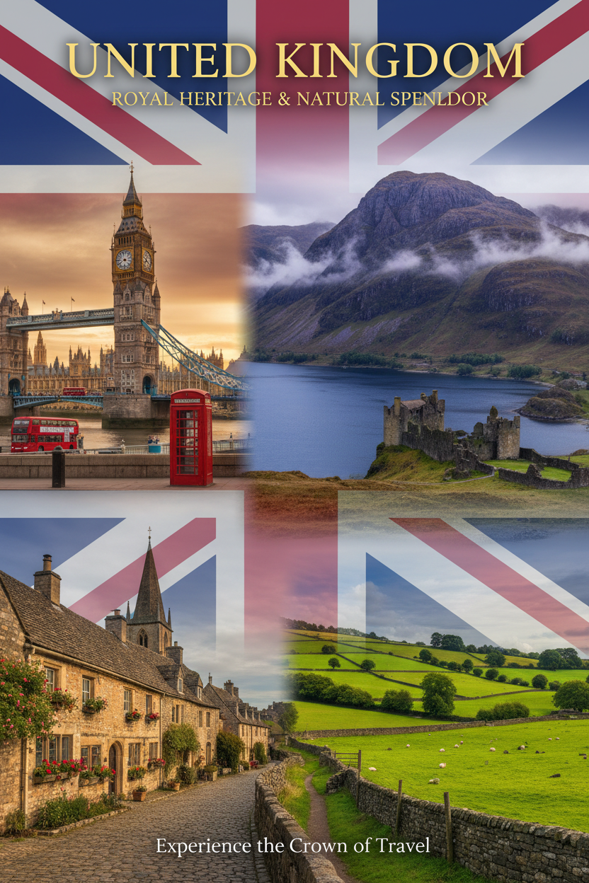 United Kingdom guide cover: Big Ben, a red phone box and a Lake District valley