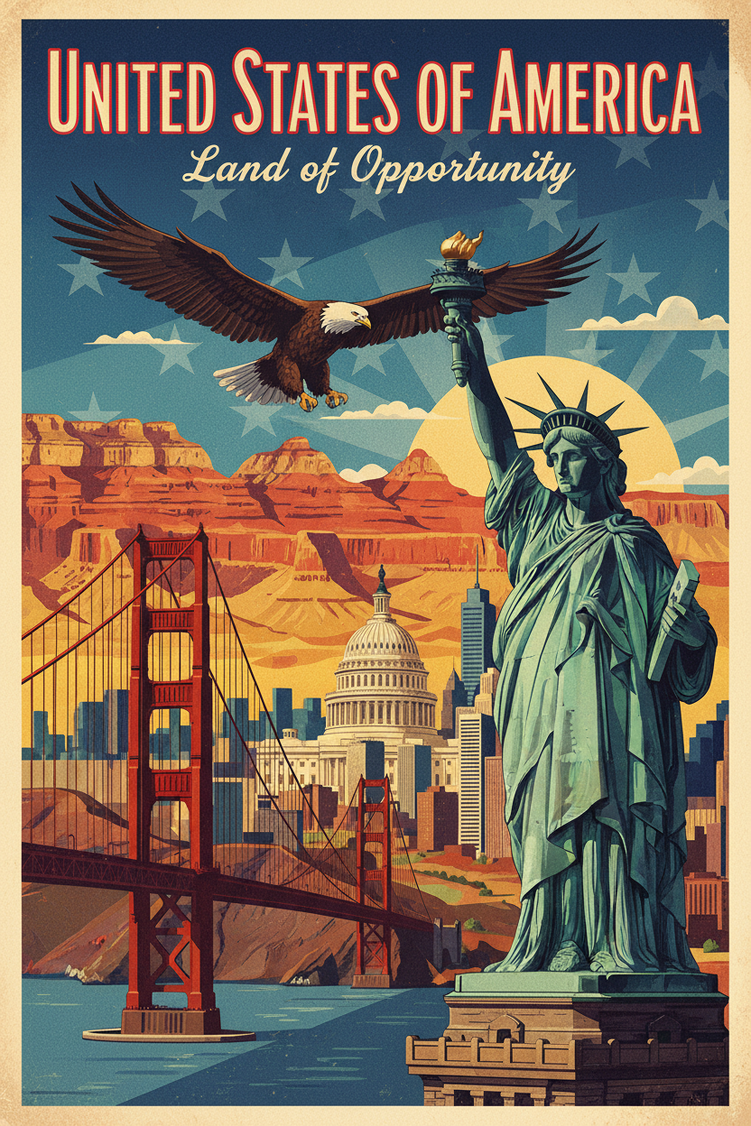 United States guide cover: the Statue of Liberty, Golden Gate and Route 66