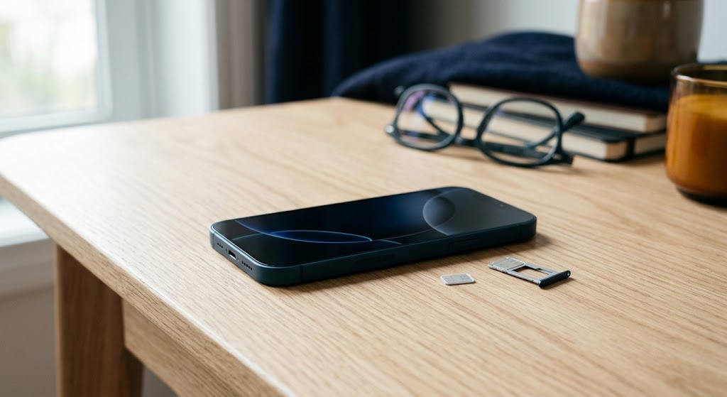 A smartphone on a desk beside a SIM card and its carrier tray