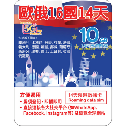 14 Days | EURO15+RUSSIA Roaming Data 10GB-∞
