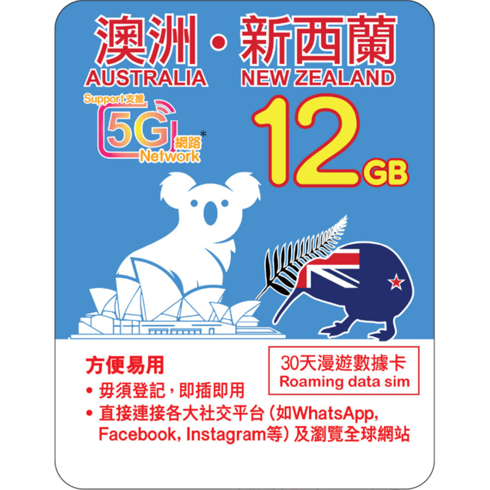 [Lucky2 eSim] 30 Days Australia/New Zealand eSIM - 12GB High-Speed Data