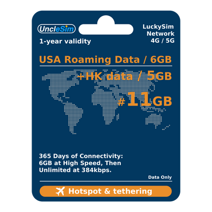 365天 | 美國 漫遊數據 6GB-∞ + 香港數據 5GB