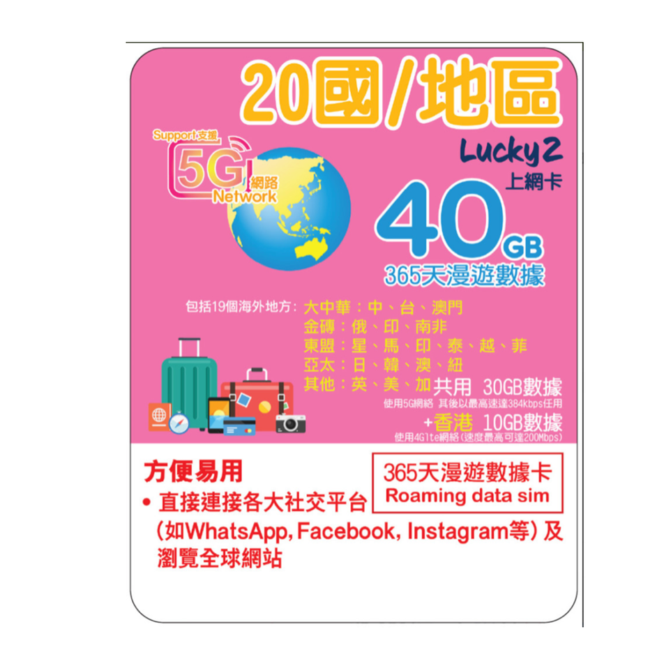 [Lucky2 eSim] 365 / 20 Regions eSIM - 30GB Roaming + 10GB Hong Kong + Unlimited