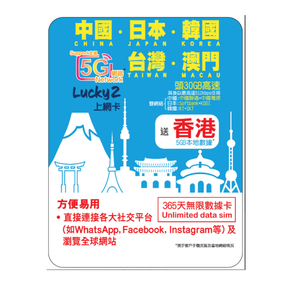 [Lucky2 eSim] 365 East Asia eSIM - 30GB Roaming + 5GB Hong Kong + Unlimited