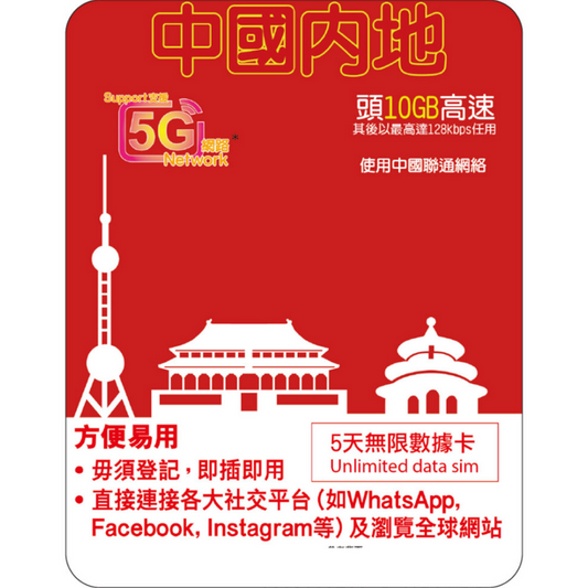 [Lucky2 eSim] 5 Days China eSIM - 10GB + Unlimited Data
