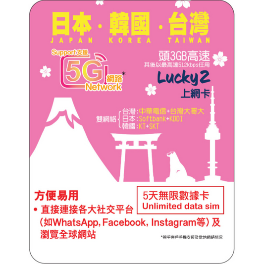 [Lucky2 eSim] 5 Days Japan/Korea/Taiwan eSIM - 3GB + Unlimited Data