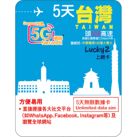 [Lucky2 eSim] 5 Days Taiwan eSIM - Unlimited Data (5GB High-Speed)