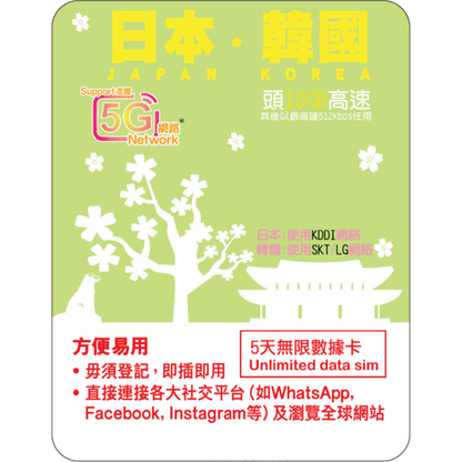 5 Days | JP-KR (KDDI/SKT/LGU+) Roaming Data 10GB-∞
