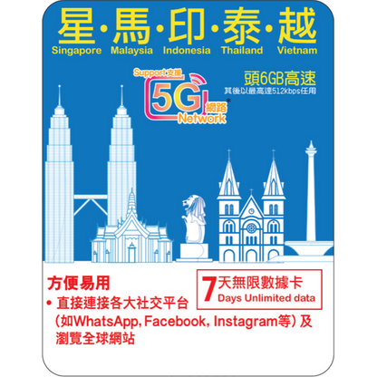 7 Days | SG-MY-ID-TH-VN Roaming Data 6GB-∞