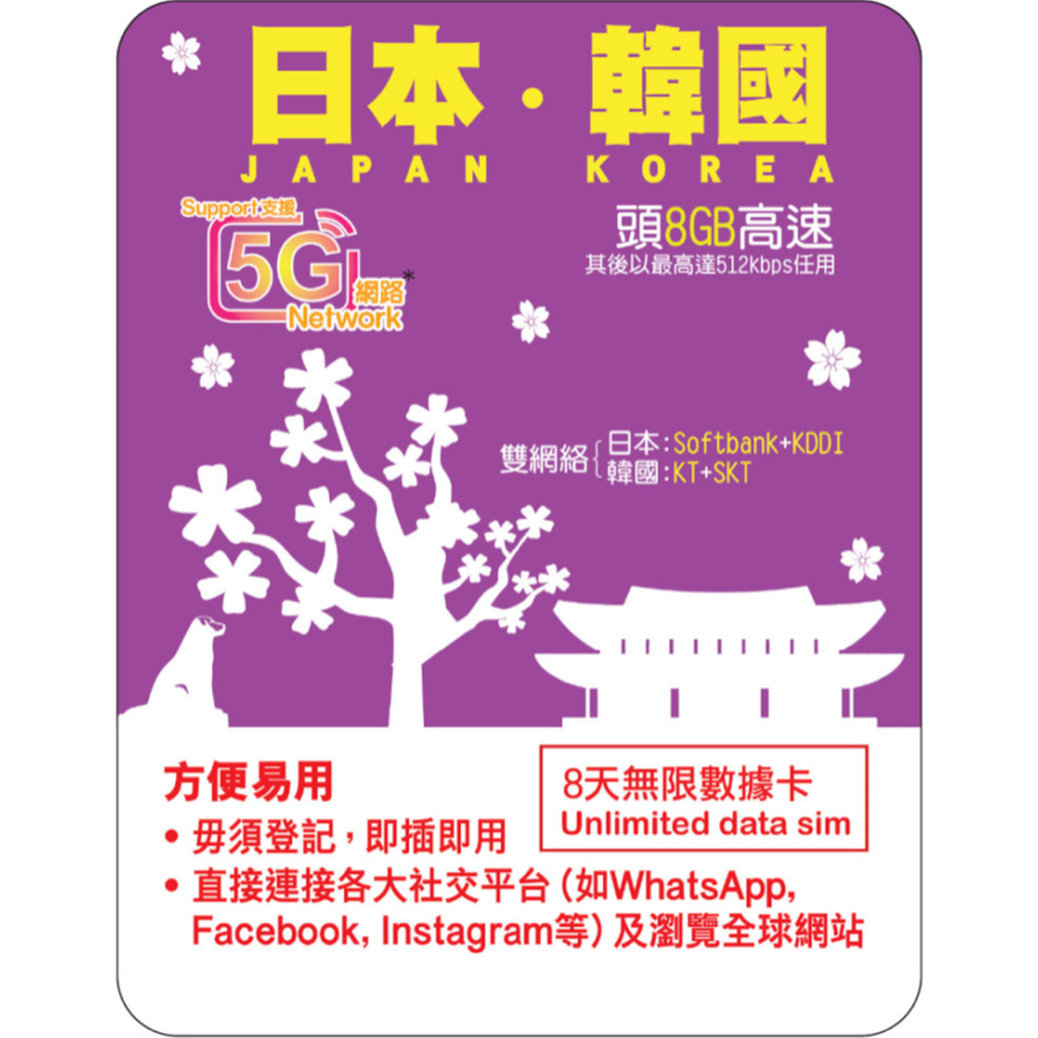 [Lucky2 eSim] 8 Days Japan/Korea eSIM - 8GB + Unlimited Data