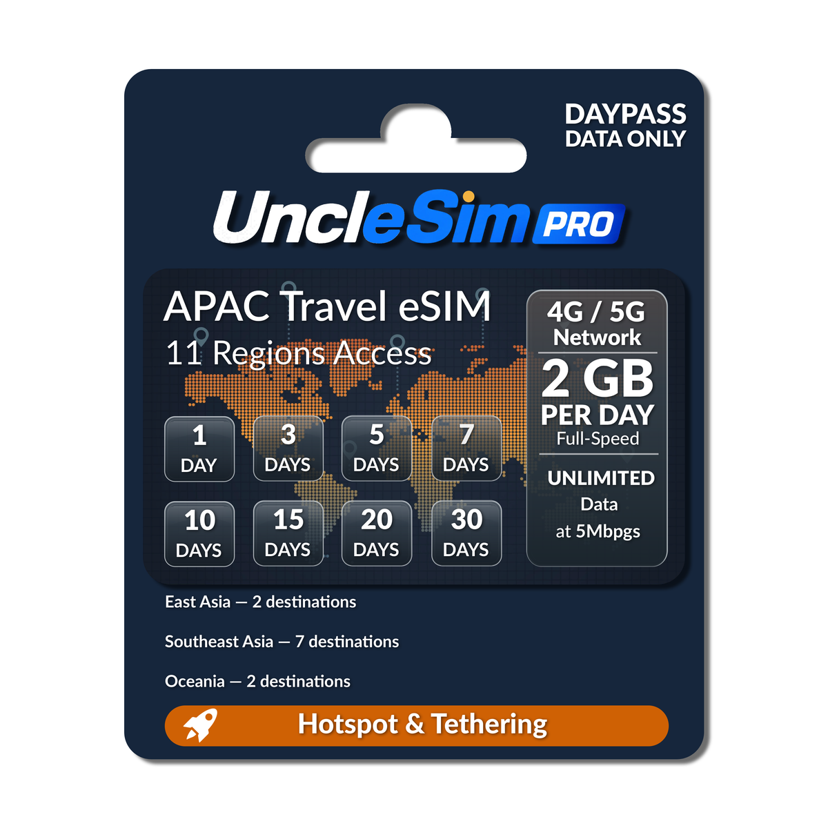 UncleSim Pro APAC Travel eSIM 2GB package card, featuring a dark navy blue background with a world map graphic, day pass duration options from 1 to 30 days, and orange accents.