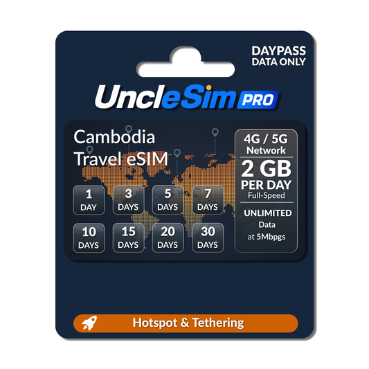UncleSim PRO Cambodia Travel eSIM card packaging for Daypass data only, featuring a dark blue card with orange and white text, detailing coverage of Saudi Arabia, UAE, Qatar, and Kuwait, and offering 2 GB network data for 1 to 30 days.