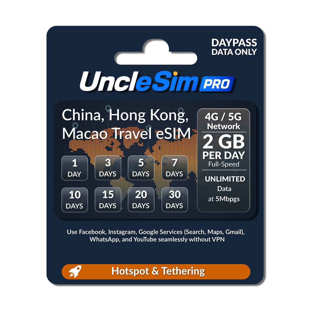 UncleSim Pro China, Hong Kong, and Macao travel eSIM daypass card, featuring 2GB data per day on 4G/5G networks, with options for 1 to 30 days and orange hotspot & tethering badge.