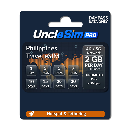 UncleSim Pro Philippines Travel eSIM 2GB data package on a dark blue retail card with orange and white text, showing daily data allowances from 1 to 30 days and hotspot/tethering support.