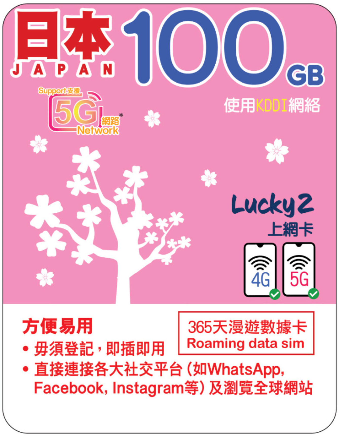 365天 | 日本 (KDDI) 漫遊數據 100GB