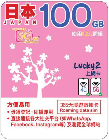365天 | 日本 (KDDI) 漫遊數據 100GB