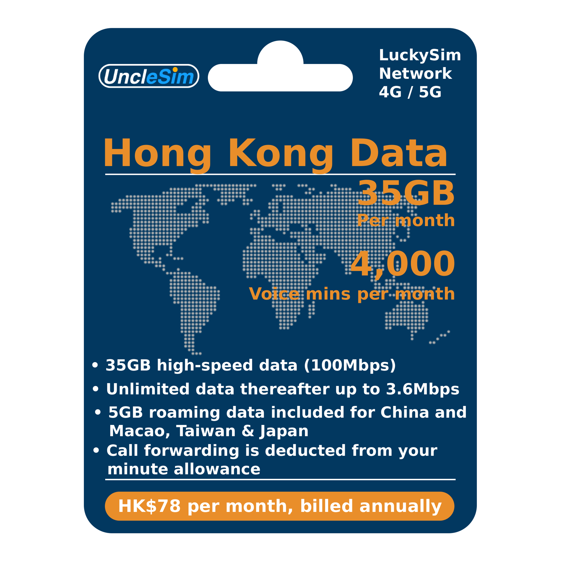 UncleSim LuckySim Network Hong Kong Data SIM card package, featuring 35GB per month data allowance and 4,000 voice minutes, with a blue world map graphic and orange text.