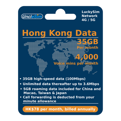 UncleSim LuckySim Network Hong Kong Data SIM card package, featuring 35GB per month data allowance and 4,000 voice minutes, with a blue world map graphic and orange text.